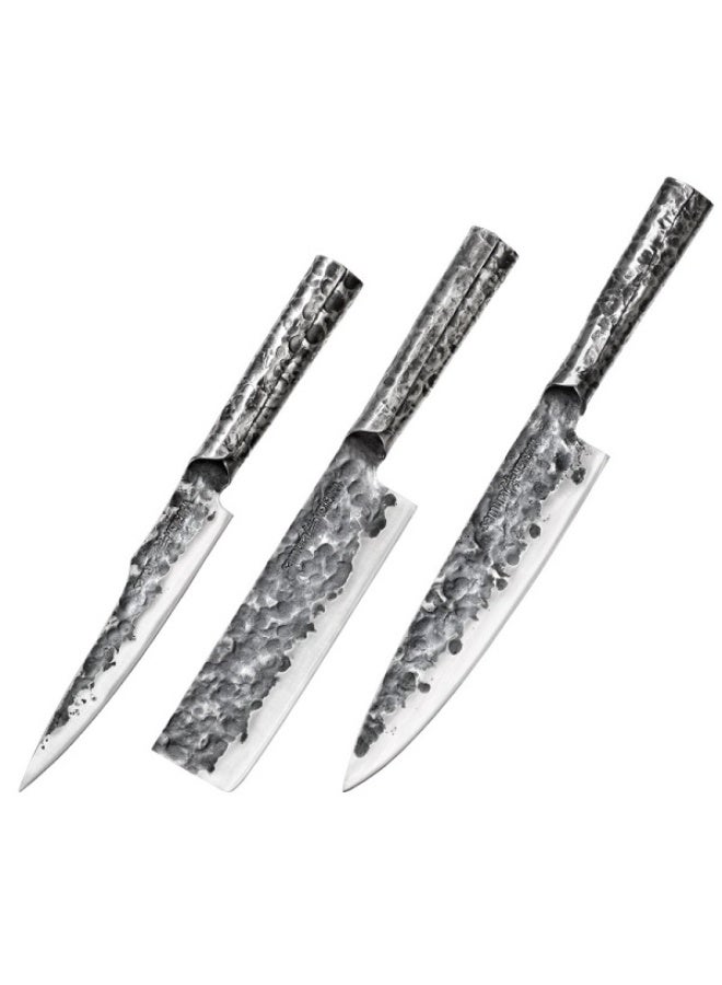 Samura Meteora Professional Japanese Knife Set 3 Piece - VG-10 Damascus Steel - Chef, Nakiri, & Utility Kitchen Knives - Hammered All-Metal Design - Premium Cooking Cutlery - Image 1